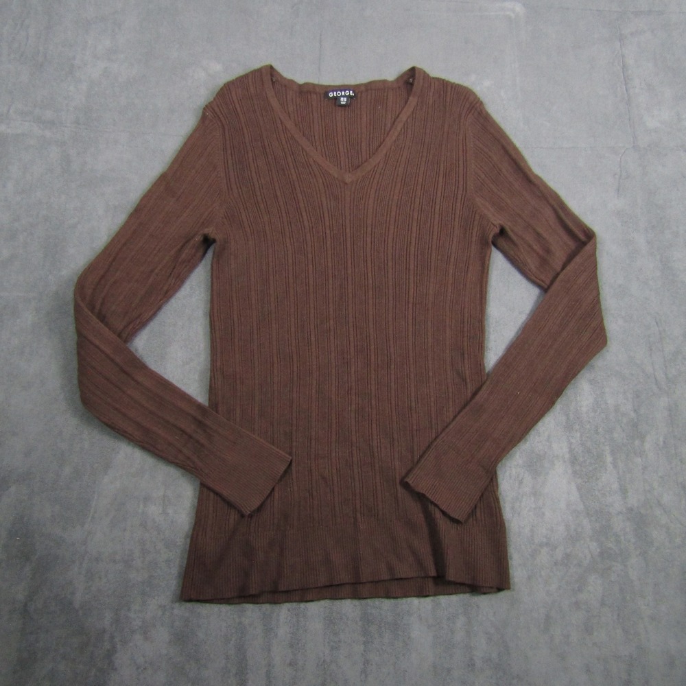 George V-Neck Sweater Women XL Brown Ribbed Long Sleeve Classic